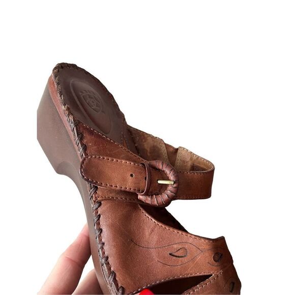Ariat Leather Block Heel Peep Toe Brown Sandal Size 11B - Picture 7 of 11